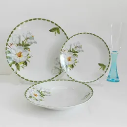 Plates White Flower Green Rim Artistic Porcelain Dish Set Home Decorative Breakfast Lunch Ceramic Dinner