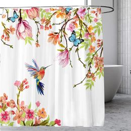 Shower Curtains Spring Flowers Bird Landscape Curtain Hummingbird Flower Plants Natural Scenery Bathroom Accessories Decor Bath