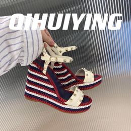 Dress Shoes QIHUIYING Handmade Gladiator Sandals Real Leather Ankle-Strap Platform High Heel Espadrilles Elevator Bota Feminin