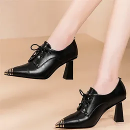 Dress Shoes Lace Up Women Genuine Leather High Heel Pumps Shoe Female Shallow Metal Pointed Toe Wedding Party Ankle Boots Casual