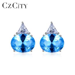 Rings CZCITY Round Sapphire Gemstone Stud Earrings for Women Wedding Engagement Fine Jewellery 925 Sterling Silver Bridal Christmas Gift