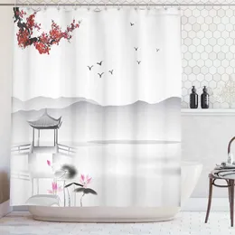 Shower Curtains Japanese Asian Style Garden With Bird And Small Pavilion Over The Lake Lotus Waterlily Polyester Curtain Set