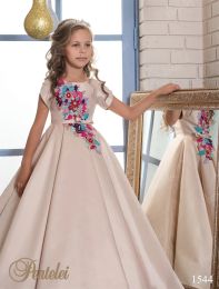 Dresses Blush Flower Girls Dresses with Short Sleeves Pentelei Colourful 3D Floral Satin Ball Gown Girls Christmas Gowns Floor Length