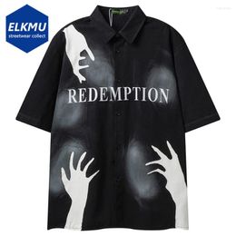 Mens Casual Shirts Fashion Hand Graphic Patchwork 2024 Summer Loose Short Sleeve Black White Hip Hop Button Up Blouse