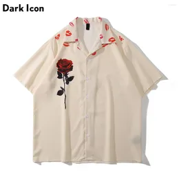 Men's Casual Shirts Lips Rose Printed Button Down Collar Hawaiian Thin Material Vintage For Men Outerwear Male Top 2024 S