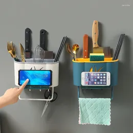 Kitchen Storage Wall-mounted Cutlery Drain Rack Chopstick Spoon Shelf Multifunction Knife Stand Towel Holder With Hook Organiser