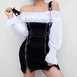 Casual Dresses 2024 Black Chain Zipper Split Straight Strappy Mini Dress Women Buckle Belt Punk Style Fashion Summer Goth