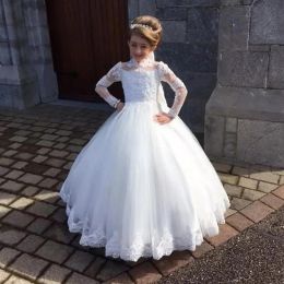 Dresses 2021 Cute Flower Girls Dresses For Weddings High Neck White Lace Appliques Beads Long Sleeves Birthday Children Communion Girl Pag