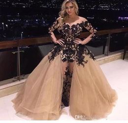 Sheer Neck Champagne Prom Dresses Ruffles Puffy Full Length Robe De Soiree Black Lace Appliques Evening Gowns Sleeves with Detacha7291545