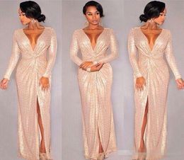 New Sequin Long Sleeve Evening Dresses Rose Gold Deep Vneck Slit Prom Dresses Sparky Sexy Gown 6811349