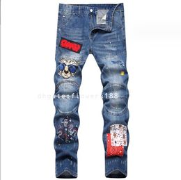 Men's Jeans 2024 Trendy Zip Decor Men's Ripped Jeans Embroidered Slim Feet Blue Mid-Rise Trousers Trendy Kids Ripped Jeans Korean Hip Hop Jeans