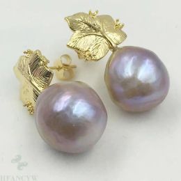 Earrings 1314mm Purple Baroque South Sea Pearl Earrings Leaves 18k Hooks Party Gold Plating Luxury Chic Dangler AAA Handmade TwoPin