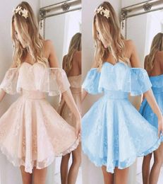 2022 Light Coral Homecoming Party Dress Cheap Off the shoulder Lace Baby Blue Short Sleeves A line Prom Graduation Dress Gowns New8816304