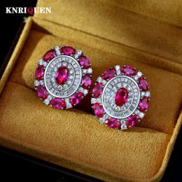 Charm Vintage 100% Real Sier 4*6mm Oval Ruby Gemstone Stud Earrings for Women High Carbon Diamond Tail Party Jewelry