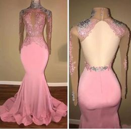 Sexy High Neck Pink Prom Dresses Mermaid Open Back Satin Long Party Dress Evening Wear Lace Applique Sequined Graduation Gowns7221028