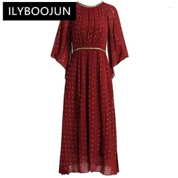 Casual Dresses ILYBOOJUN Fashion Women's Round Neck Nail Beads Raglan Sleeve Elegant High-Waisted Office Lady Ball Gown Mid-Length Dress