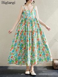 Casual Dresses Oversized Summer Sleeveless Slip Dress Women Flower Print Fashion Ruffle Ladies Loose Pleated Woman Long