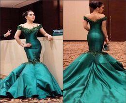 Emerald Green Off the Shoulder Mermaid Prom Gowns 2018 New Satin Formal Long Evening Dresses with Beads Court Train Pageant Wear B2492609