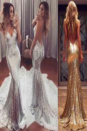 Eye Catching Sexy Bling Bling Evening Dresses Sequins Spaghetti VNeck Mermaid Formal Party Dress Floor Length Backless Prom Gown9895771