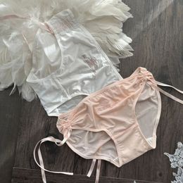 Comfortable and Breathable Milk Silk Drawstring Underwear Embroidery Sexy Midriff Girls Panties Sexy Sports Style Briefs 240402