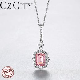 Necklaces CZCITY Square Long Pendant Necklace Pink Gemstone Wedding Fine Jewelry for Women 925 Sterling Silver Topaz Colar Christmas Gift