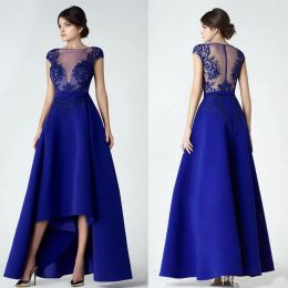 Dresses Royal Blue Prom Dress Long Capped SLeeve Iullsion Sexy Deisgn Sexy Party Gown Appliques Zipper Back Boat Neck High Low 2021 Prom D