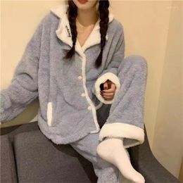 Home Clothing Autumn Winter Flannel Warm Pyjamas Set Women Thicken Sweet Homewear Pijama Two Piece Embroidered Letters Sleepwear Suits