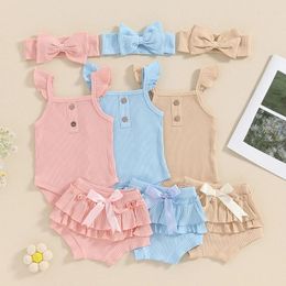 Clothing Sets Born Set Baby Girl Summer Clothes Solid Colour Ribbed Romper And Elastic Ruffles Shorts Headband 3 Piece Outfits