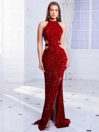 Party Dresses Romagic O Neck Off Shoulder Evening Prom Gown Red Sexy Sequin Hollow Out Long Dress Split 2024