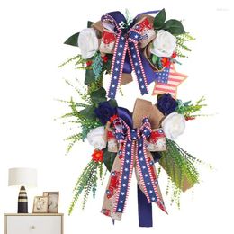 Decorative Flowers American Independence Day Simulation Wreath Holiday Window Decoration Bow Knot Rattan Circle Pendant Memorial