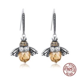 Earrings Genuine hot Sale 925 sterling silver dazzling crystal bee drop earrings for women fine jewelry wedding gift