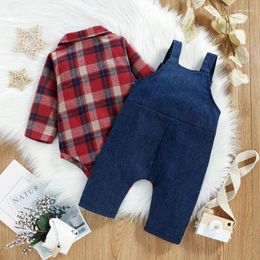 Clothing Sets Infant Baby Boys Suit Spring Autumn Long Sleeve Plaid Romper Cartoon Dog Pattern Suspender Pants