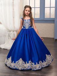 Dresses 2019 Royal Blue Flower Girl Dresses ONcek Appliques Sleeveless Ball Gown Formal Bow Sashes First Communion Gowns Vestidos Longo23