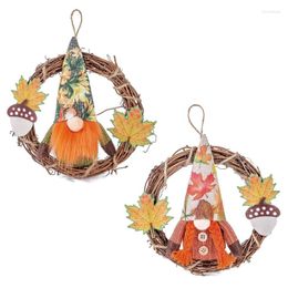 Decorative Flowers Fall Maple Gnome Wreath Rattan Circle Hanging Ornament Pendant For Home Farmhouse Thanksgiving Day Autumn Decor