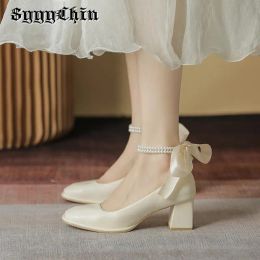 Boots New Women Pumps Mary Jane Bowknot Chunky Heel Pearl Ladies Sandals Ankle Straps Female Elegant Wedding Party Cosy Soft Shoes