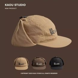 Korean Retro Flat Brimmed Fleece Lined Bomber Hat Autumn Winter Lamb Wool Baseball Cap Parentchildren Earflap Pilot y240311