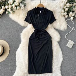 Party Dresses Short Sleeved Summer Dress Women Fashion Black Midi 2024 V-neck High Waist Front Cross Split Casual Work