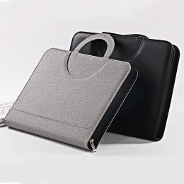 Bag A4 Portable File Folder with Binder Organiser Manager Office Document Pad Briefcase PU Leather Padfolio Bag Black Grey