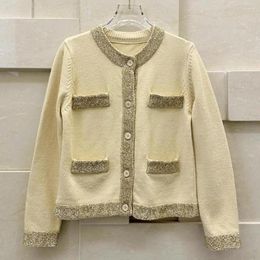 Women's Knits Gold Sequin Colour Short Cardigan O-Neck Thin Jacket Women Pocket Single Breasted Knitted Sweater 2024 Spring Runway