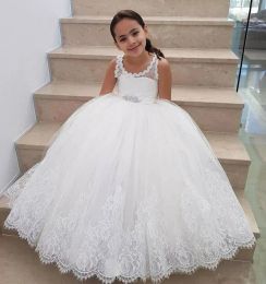 Dresses Ivory Princess Flower Girls Dresses For Weddings Jewel Lace Appliques Sash Beads Sequins Kids Party Dress Floor Length little girl