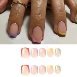 False Nails 24pcs Detachable Fake Nials DIY Short Square Colorful Edge French