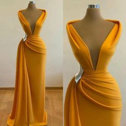 Dresses 2021 Bright Yellow Sexy Prom Dresses Deep V Neck Cap Sleeves Elastic Satin Sheath Party Dress Evening Gowns Plus Size Floor Length