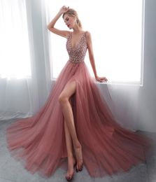 2019 Long Evening Dresses Dusty Pink Formal Prom Dresses Evening Wear Sexy Beaded Party Pageant Dress 20196100490