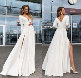 Sexy Long Sleeves Evening Dresses 2018 Deep V Neck High Split Floor Length Satin White Ivory Party Dresses Prom Dresses5293753