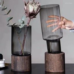 Vases European Hydroponic Plant Household Living Room Table Inserted Flower Wood Base Transparent Glass Vase Home Decor Gift