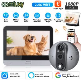 Doorbells Camluxy Tuya WiFi 1080P 4.3Inch Peephole Door Camera Alexa Google Announcement Live View Audio Video PIR Motion Digital Doorbell