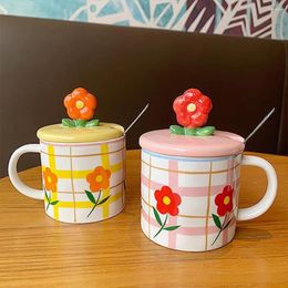 Mugs 350ml Ins Cute Ceramic Flower Net Red Water Cup For Girls Mug With Lid Spoon Office Breakfast Milk Friend
