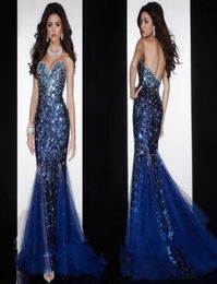 2015 Mermaid Sweetheart Open Back Crystals Beaded Sequined Diamond Organza Prom Gown Royal Blue Evening Dresses with Crystal4309012