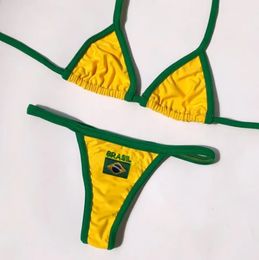 Sexy Embroidery Brasil Flag Contrast Split Bikini Set Women Swimwear Patchwork Swimsuit tie Outfit Summer Beachwear 240327