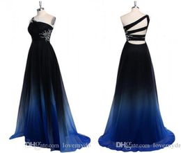 2022 Ombre Gradiant Colour Evening Dress One shoulder Empire Waist Chiffon Black Royal Blue Designer Long Cheap Prom Formal Special2600384